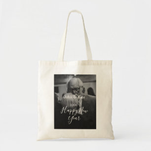 Happy new year couple photo name year black white  tote bag