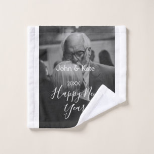 Happy new year couple photo name year black white wash cloth
