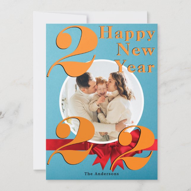 Happy New Year Custom 2022 Orange Teal Photo Card (Front)