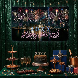 Happy New Year Custom Year Fireworks City Skyline Banner