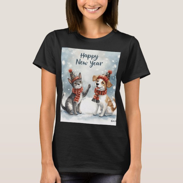 Happy New Year – Cute Animals in Festive Hats & Sc T-Shirt (Front)