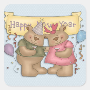 Happy New Year, Cute Bears Square Sticker
