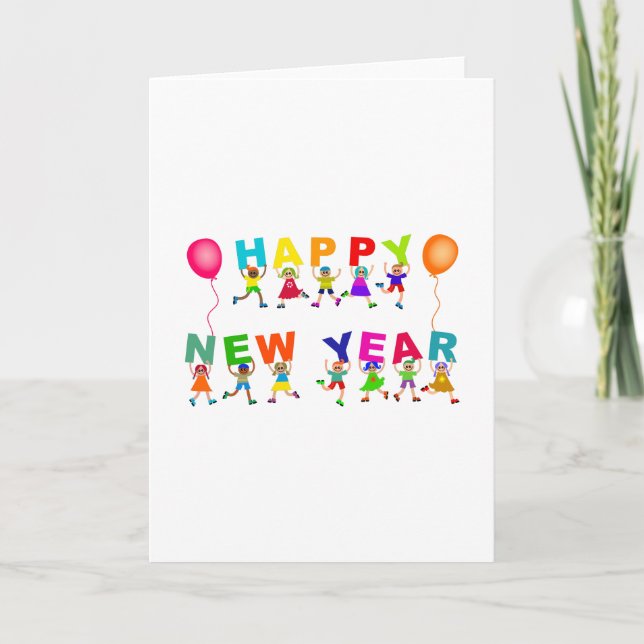 Happy New Year Cute Cartoon Diverse Kids Text Card (Front)