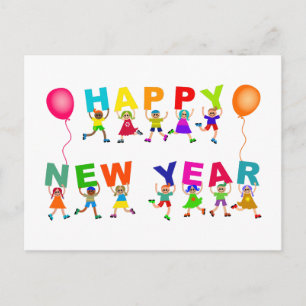 Happy New Year Cute Cartoon Diverse Kids Text Postcard