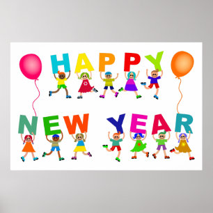 Happy New Year Cute Cartoon Diverse Kids Text Poster