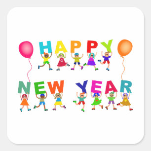 Happy New Year Cute Cartoon Diverse Kids Text Square Sticker