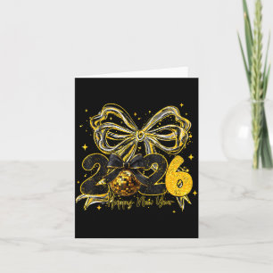 Happy New Year Cute Gold Disco Ball Bow New Year's Card