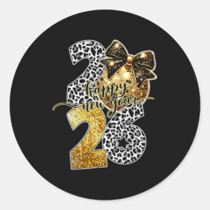Happy New Year Cute Gold Disco Ball Bow New Year's Classic Round Sticker