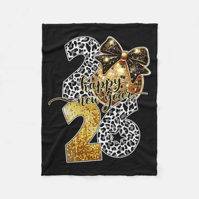 Happy New Year Cute Gold Disco Ball Bow New Year's Fleece Blanket (Front)
