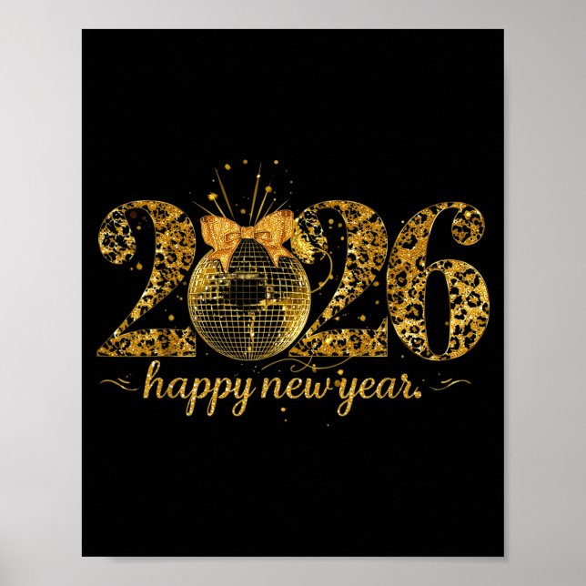 Happy New Year Cute Gold Disco Ball Bow New Year's Poster (Front)