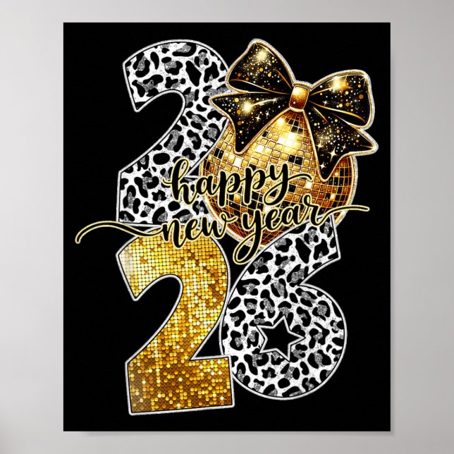 Happy New Year Cute Gold Disco Ball Bow New Year's Poster (Front)