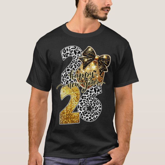 Happy New Year Cute Gold Disco Ball Bow New Year's T-Shirt (Front)