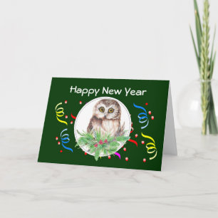 Happy New Year, Cute Owl Bird Greeting Holiday Card
