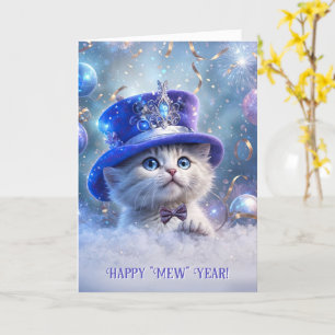 Happy New Year Cute White Kitten Big Fancy Hat Card
