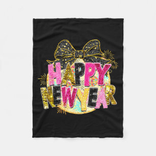 Happy New Year Disco Ball Coquette Bow New Years E Fleece Blanket