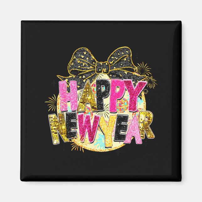 Happy New Year Disco Ball Coquette Bow New Years E Magnet (Front)