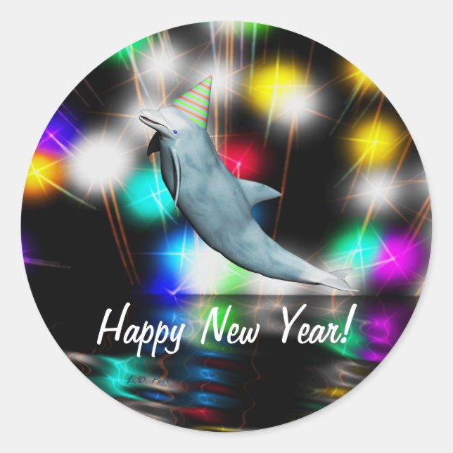 Happy New Year Dolphin and Fireworks Classic Round Sticker (Front)