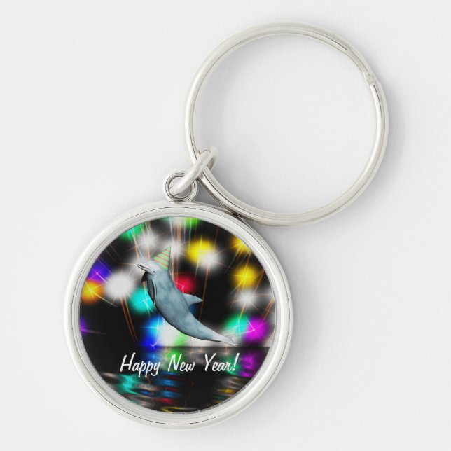 Happy New Year Dolphin and Fireworks Key Ring (Front)