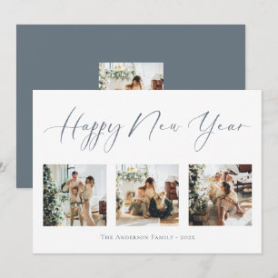 Happy New Year Dusty Blue Multi Photo Collage Holiday Card