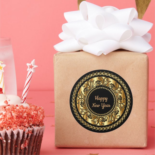 Happy New Year, elegant black and gold, Classic Round Sticker (Party)
