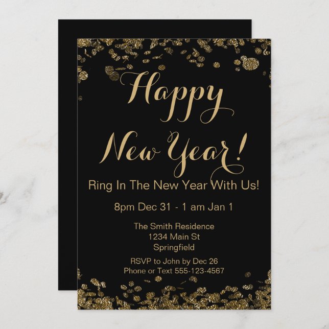 Happy New Year Elegant Black and Gold Confetti Invitation (Front/Back)