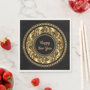 Happy New Year, elegant black and gold, Napkin