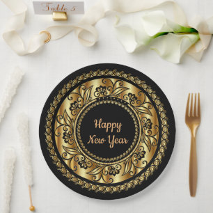 Happy New Year, elegant black and gold, Paper Plate