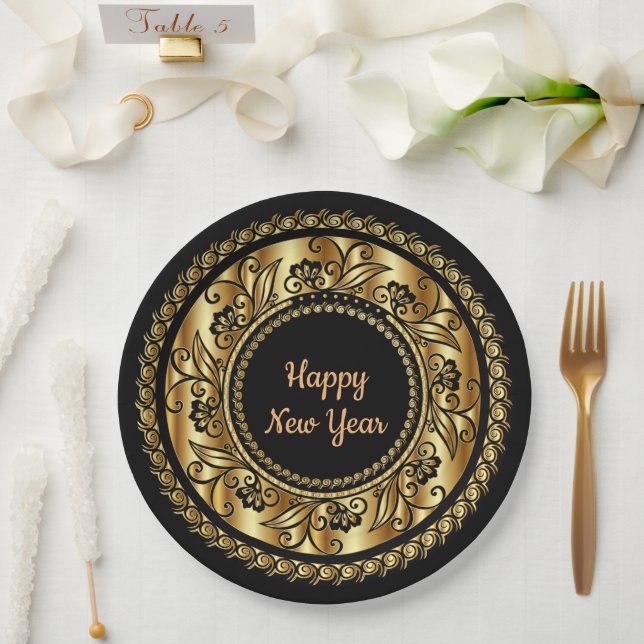 Happy New Year, elegant black and gold, Paper Plate (Wedding)