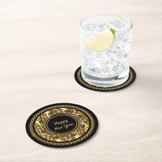 Happy New Year, elegant black and gold, Round Paper Coaster (Insitu)