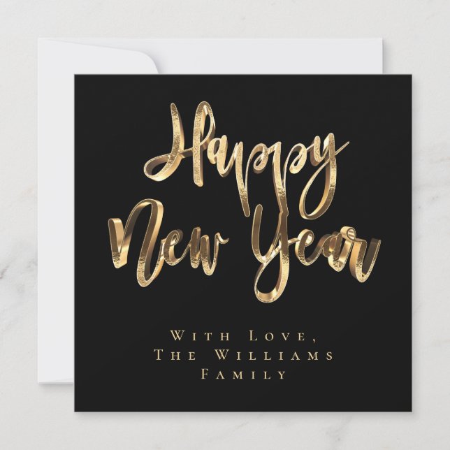 Happy New Year Elegant Black and Gold Script Holiday Card (Front)