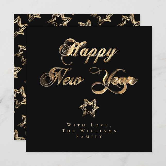 Happy New Year Elegant Black and Gold Stars Holiday Card (Front/Back)
