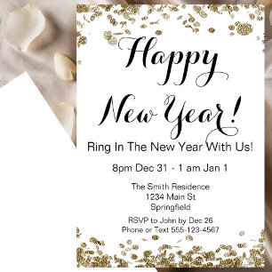 Happy New Year Elegant Gold and White Confetti Invitation