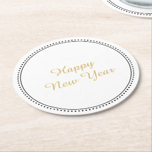 Happy New Year Elegant Gold and White Milgrain Round Paper Coaster
