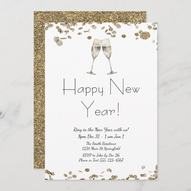 Happy New Year Elegant Gold Glitter and White  Invitation (Front/Back)