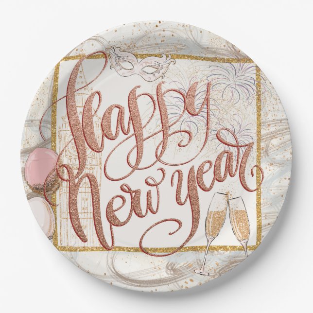Happy New Year Elegant Rose Gold Script Paper Plate (Front)