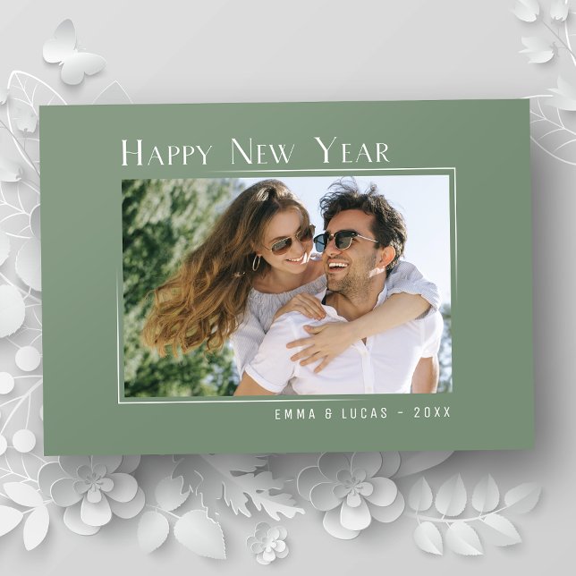 Happy New Year Elegant Simple Sage Green Photo Holiday Card (Available in high quality print or digital download for quick text messaging, email or self print.)