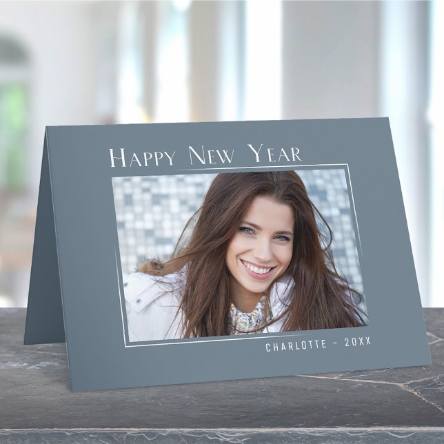 Happy New Year Elegant Simple Slate Blue Photo Holiday Card (Available in high quality print or digital download for quick text messaging, email or self print.)