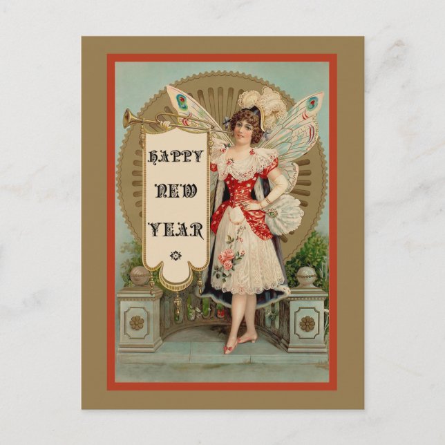Happy New Year Fairy With Trumpet and Banner Holiday Postcard (Front)