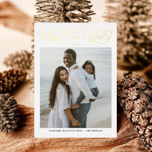 Happy New Year Family 4 Photo Collage Foil Holiday Card