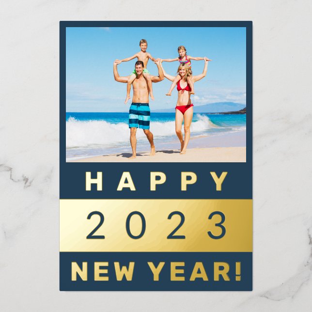 Happy New Year Family Photo in Blue and Gold Foil Holiday Card (Front)