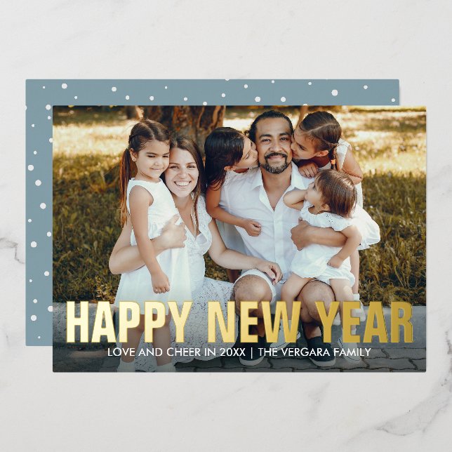 HAPPY NEW YEAR FAMILY PORTRAIT PHOTO  FOIL HOLIDAY CARD (Front/Back)