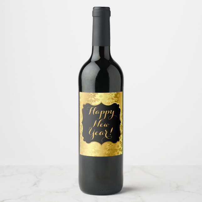 Happy New Year! Faux Gold Foil on Black Wine Label (Front)