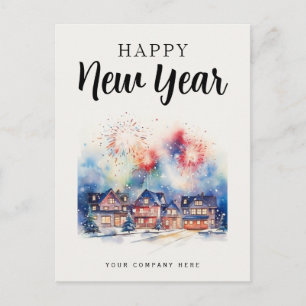 Happy New Year Festive House Fireworks Realty  Holiday Postcard