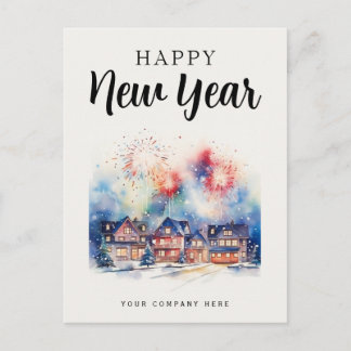Happy New Year Festive House Fireworks Realty  Holiday Postcard