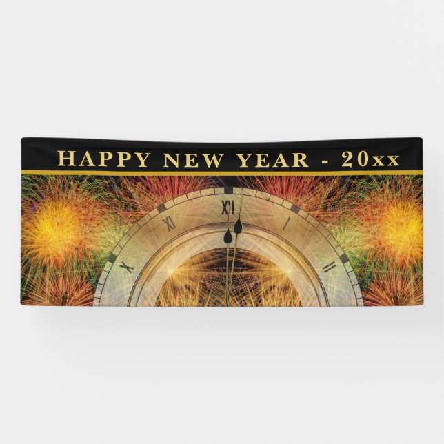 HAPPY NEW YEAR - Festive Midnight Clock Banner (Horizontal)