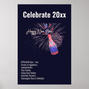 Happy New Year Firework Champagne Celebration Menu Poster