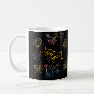 happy new year , fireworks and black background coffee mug