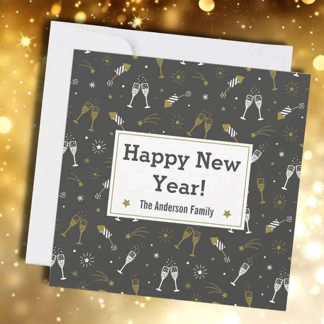 Happy New Year Fireworks and Champagne black gold Holiday Card (Creator Uploaded)