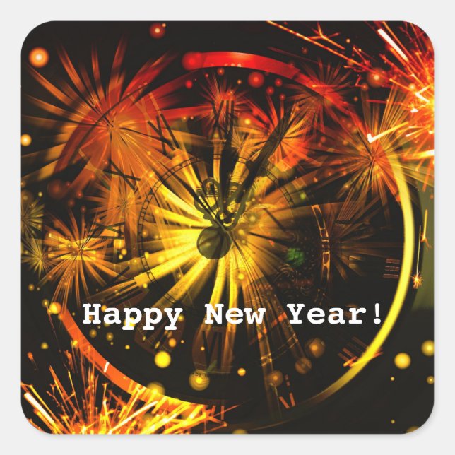 Happy New Year! Fireworks and Clock   Square Sticker (Front)
