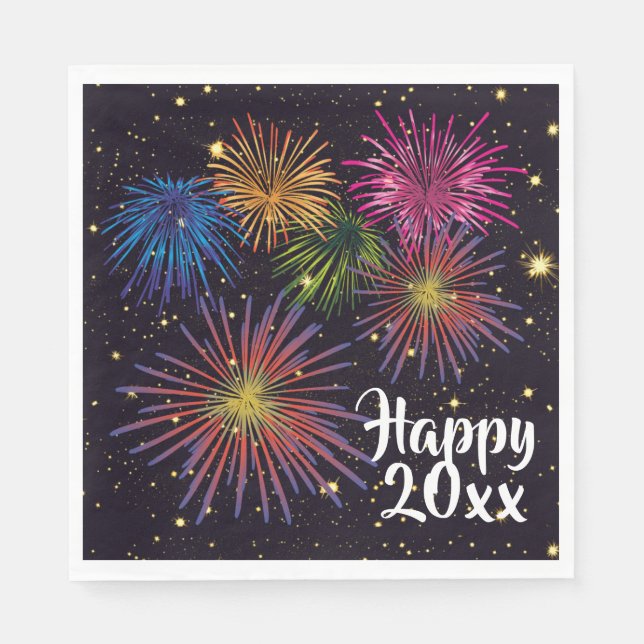 Happy New Year Fireworks and Stars Party Napkin (Front)